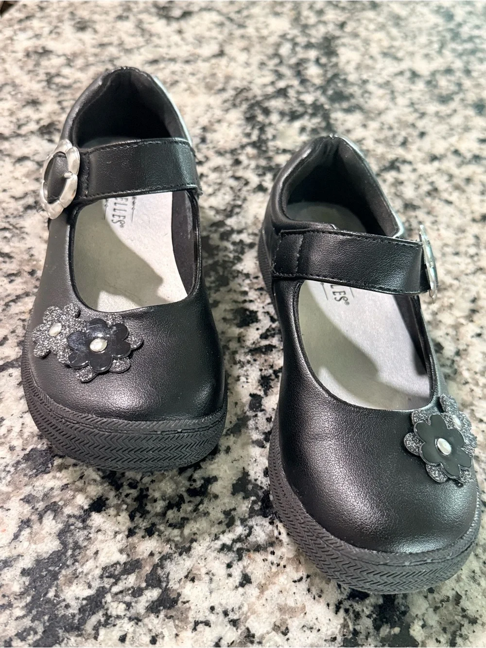 Girls Black Mary Jane Shoes with Flower Accent